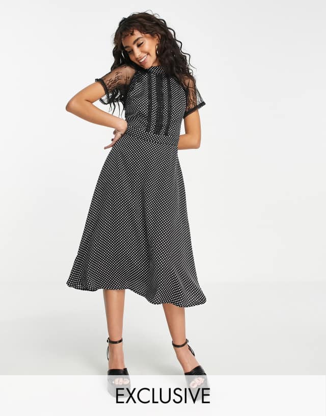 Liquorish a line midi dress in lace polka dot black