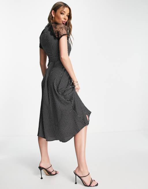 Liquorish a line midi dress in lack black polka dot print, 2 of 4