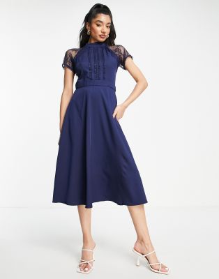 Liquorish a line midi lace dress in navy - ASOS Price Checker