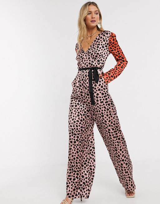 Liquorish belted jumpsuit with wrap front and wide leg in tonal animal print