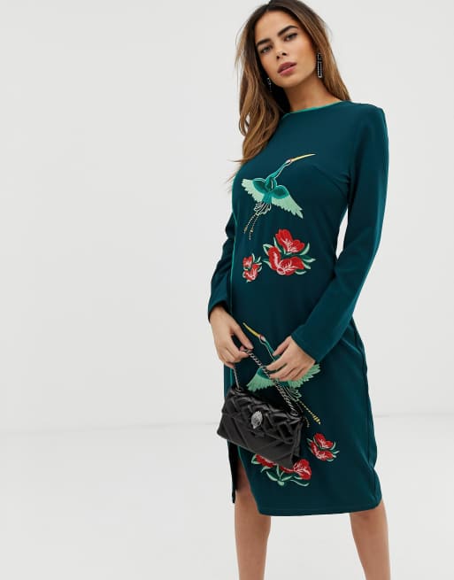 Asos design midi dress with clearance pretty floral and bird embroidery