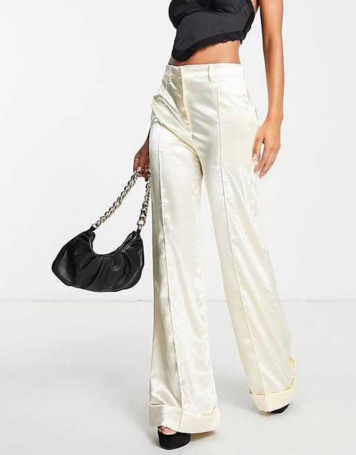Liquorish Bridal satin structured tailored pants in white (part of a set)