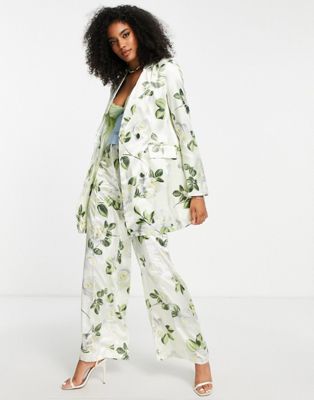 Liquorish satin tailored double breasted blazer co-ord with white rose print in green