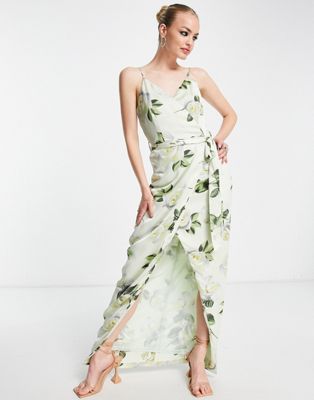 Liquorish satin wrap maxi dress with belt soft green floral