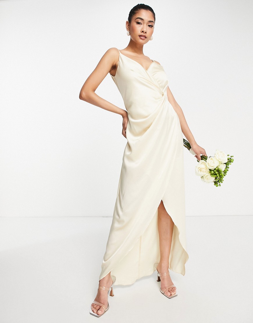 Liquorish Bridesmaid cami strap satin wrap maxi dress in champagne-White