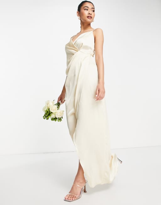 Liquorish Bridesmaid cami strap satin wrap maxi dress in champagne