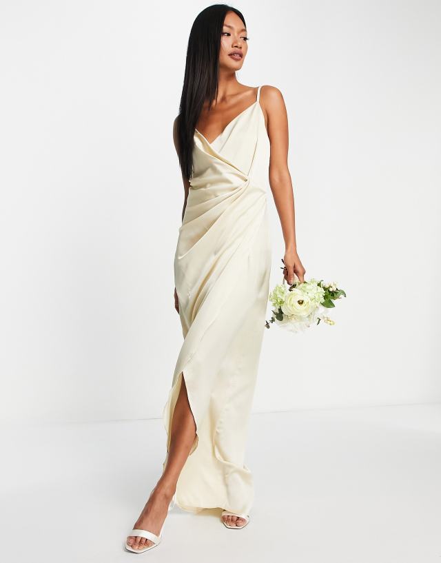 Liquorish Bridesmaid cami strap satin wrap maxi dress in champagne