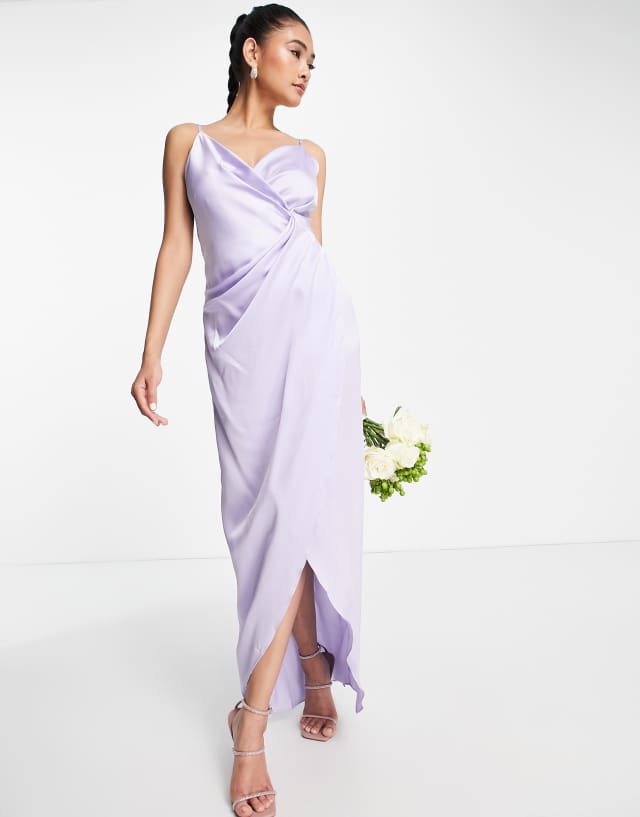 Liquorish Bridesmaid cami strap satin wrap maxi dress in dreamy blue