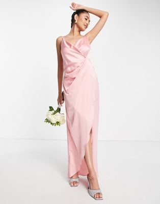 Liquorish Bridesmaid cami strap satin wrap maxi dress in soft rose pink