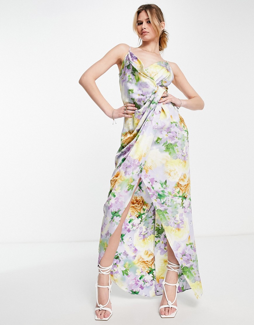 Liquorish Bridesmaid cami strap satin wrap maxi dress in soft washed pastel floral-Multi