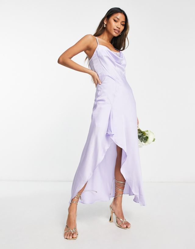 Liquorish Bridesmaid editorial satin slip dress with frill detail in dreamy blue