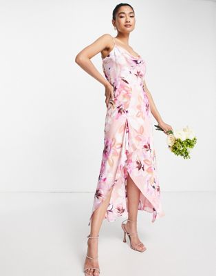 Liquorish satin slip dress with frill detail in pastel floral