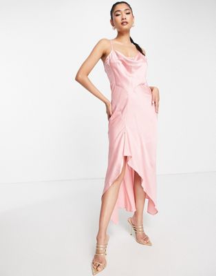 Liquorish Bridesmaid editorial satin slip dress with frill detail in soft rose pink