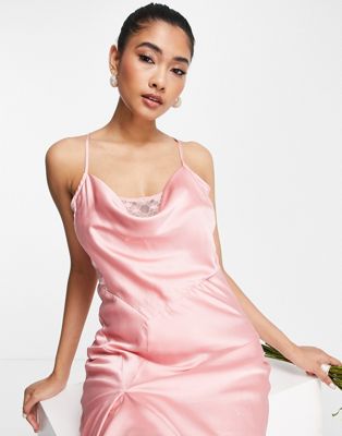 Flounced Satin Slip Dress - Light pink - Ladies