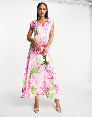 Liquorish Bridesmaid plunge front maxi dress in green overscale floral-Multi