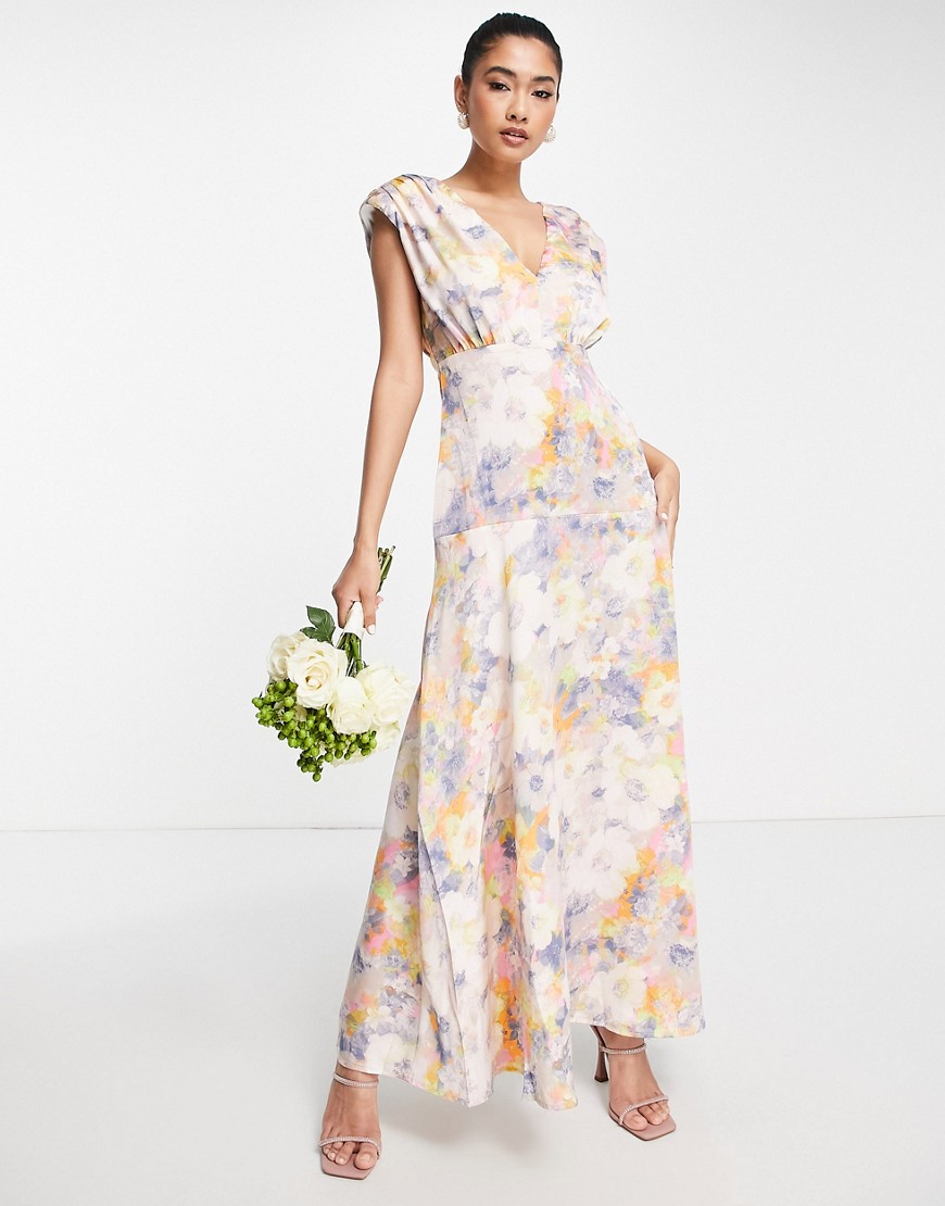 Liquorish Bridesmaid plunge front maxi dress in soft ditsy floral-Multi