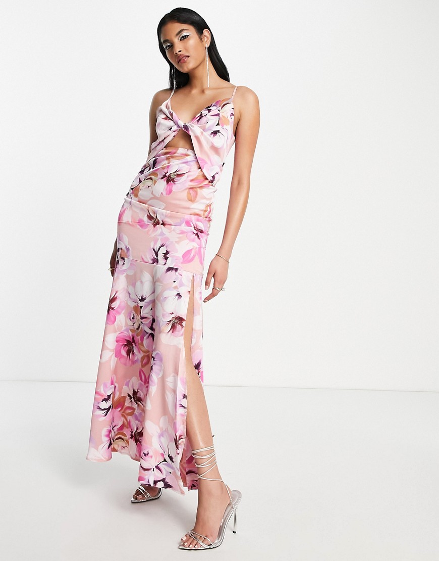 Liquorish Bridesmaid satin twist front maxi dress with slit in pastel floral-Multi
