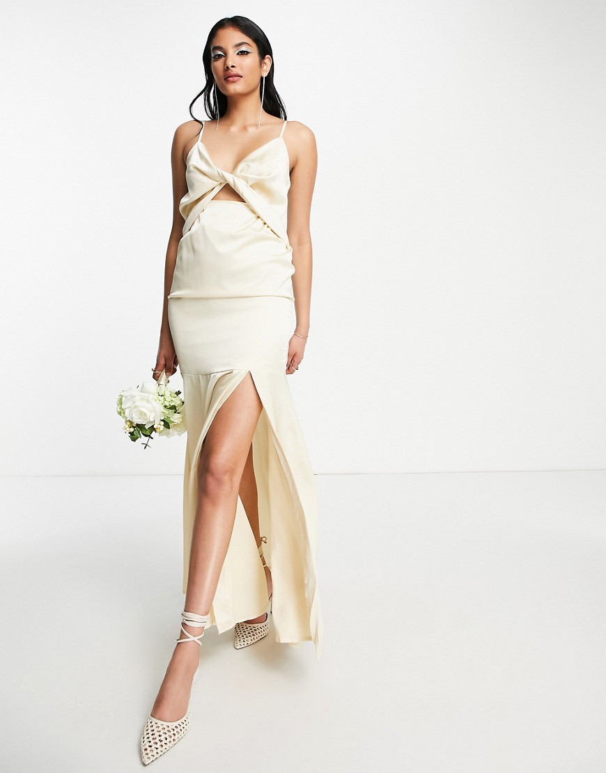 Liquorish Bridesmaid satin twist front maxi dress with split in champagne-White