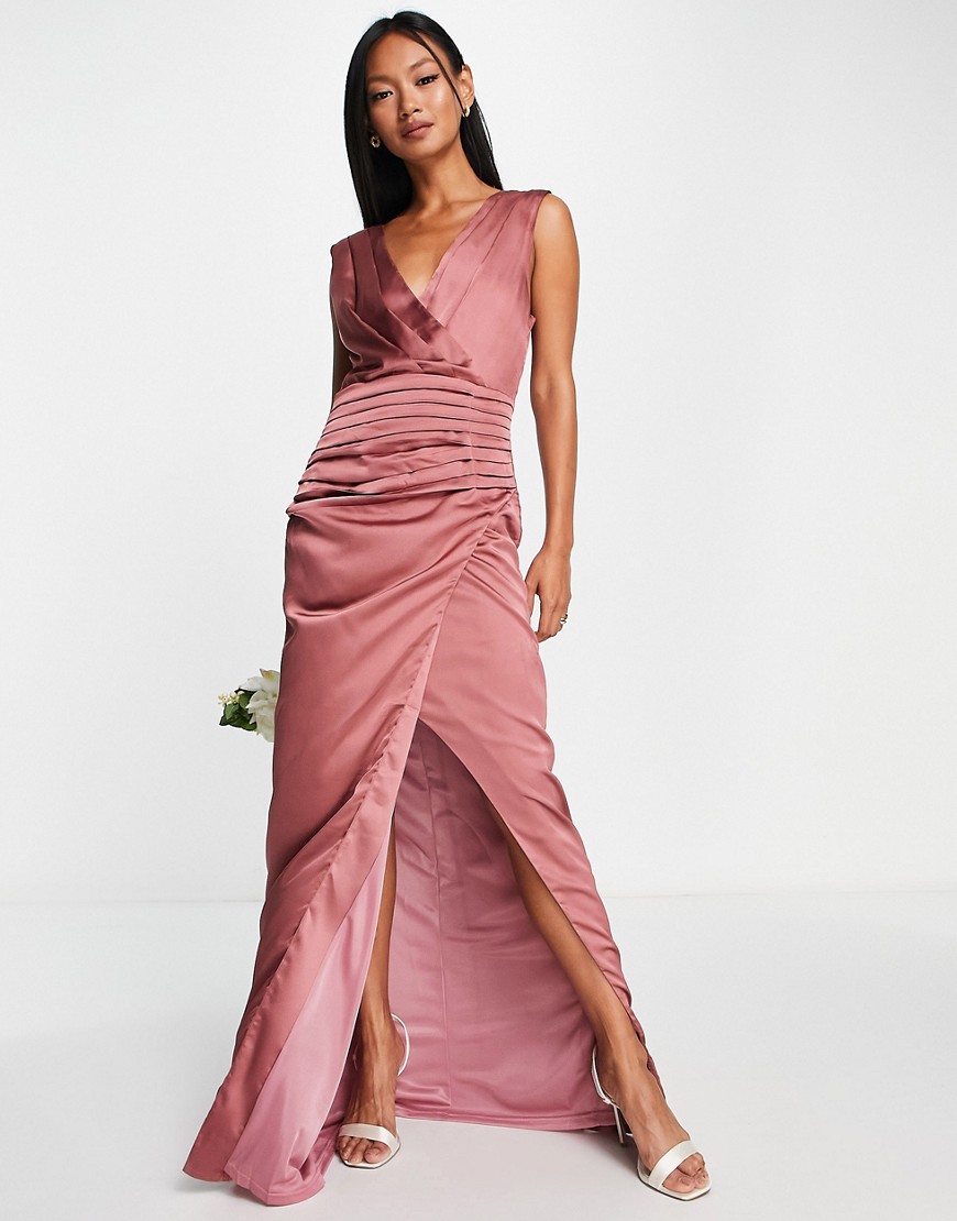 Liquorish Bridesmaid satin wrap front maxi dress in forever rose-Pink