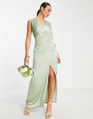 Liquorish Bridesmaid satin wrap front maxi dress in fresh sage green
