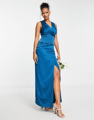 Liquorish Bridesmaid satin wrap front maxi dress in teal blue