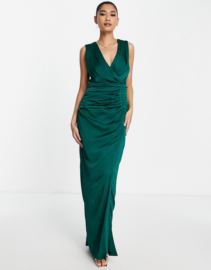 Liquorish Bridesmaid satin wrap front maxi dress with wrap skirt in emerald green