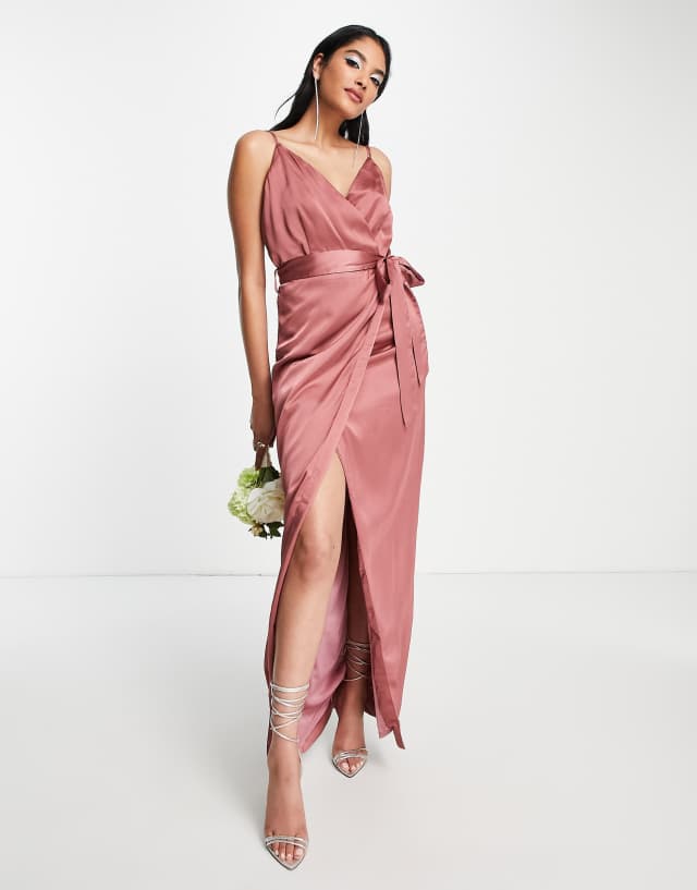 Liquorish Bridesmaid satin wrap maxi dress with belt in forever rose