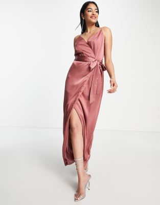 Liquorish Bridesmaid satin wrap maxi dress with belt in forever rose | ASOS