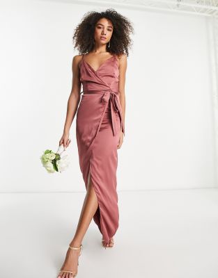 LIQUORISH BRIDESMAID SATIN WRAP MAXI DRESS WITH BELT IN FOREVER ROSE-PINK