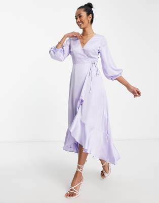 Liquorish Liquorish Bridesmaid satin wrap midi dress with puff sleeve in dreamy blue