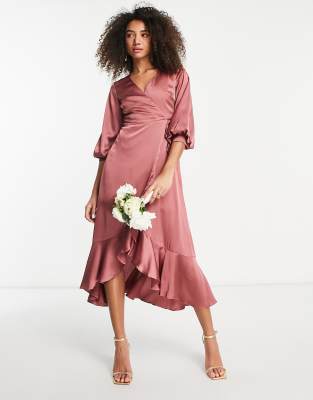 Liquorish Bridesmaid Satin Wrap Midi Dress With Puff Sleeve In Soft Rose Pink