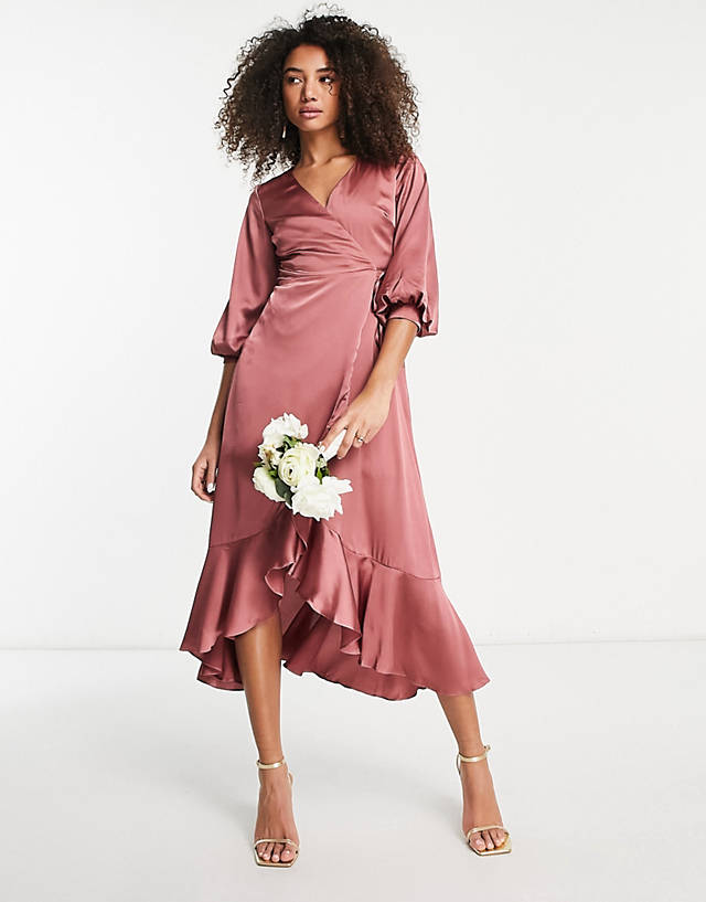 Liquorish - bridesmaid satin wrap midi dress with puff sleeve in soft rose pink