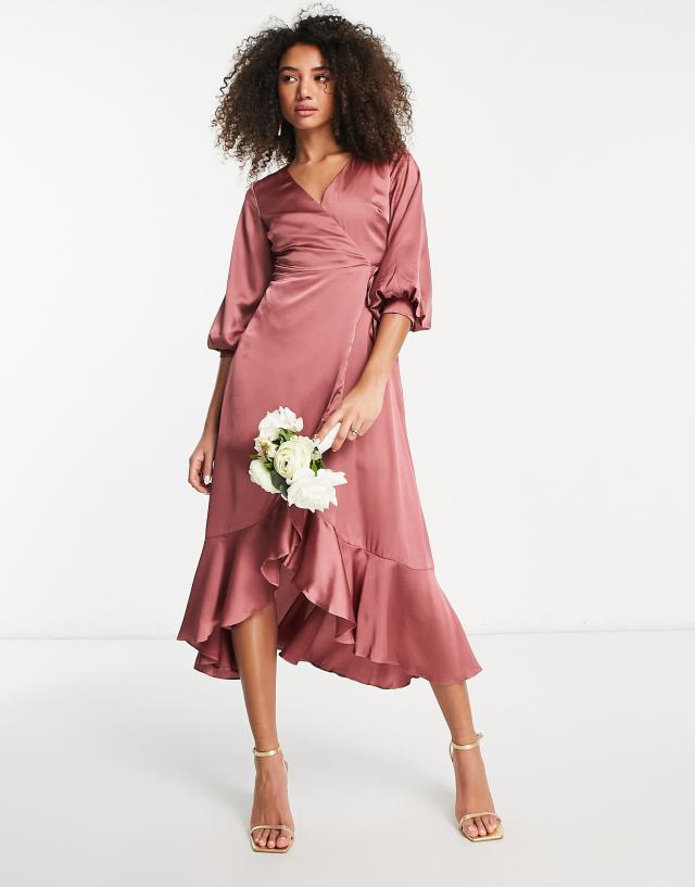 Liquorish Bridesmaid satin wrap midi dress with puff sleeve in soft rose pink