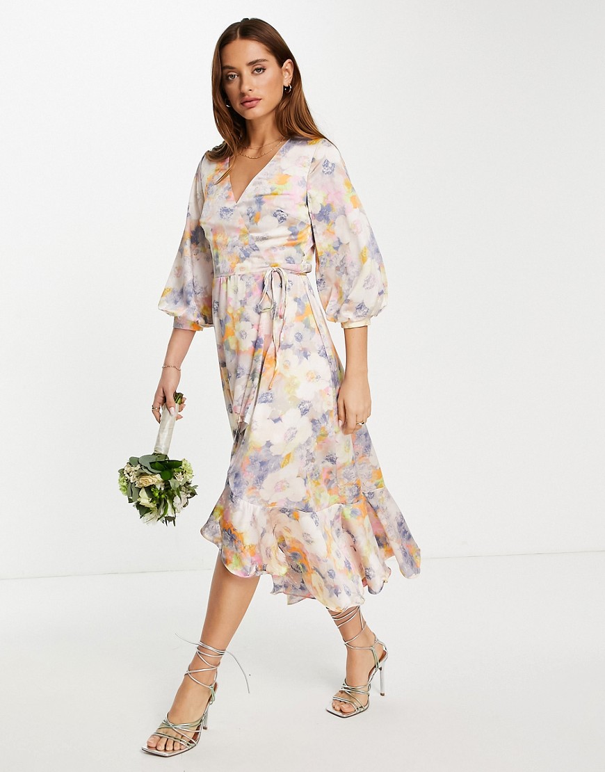 Liquorish Bridesmaid satin wrap midi dress with puff sleeve in soft washed pastel floral-Multi