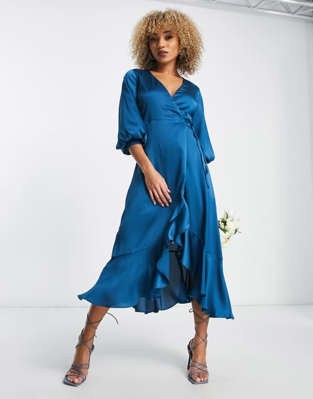 Liquorish Bridesmaid satin wrap midi dress with puff sleeve in teal blue