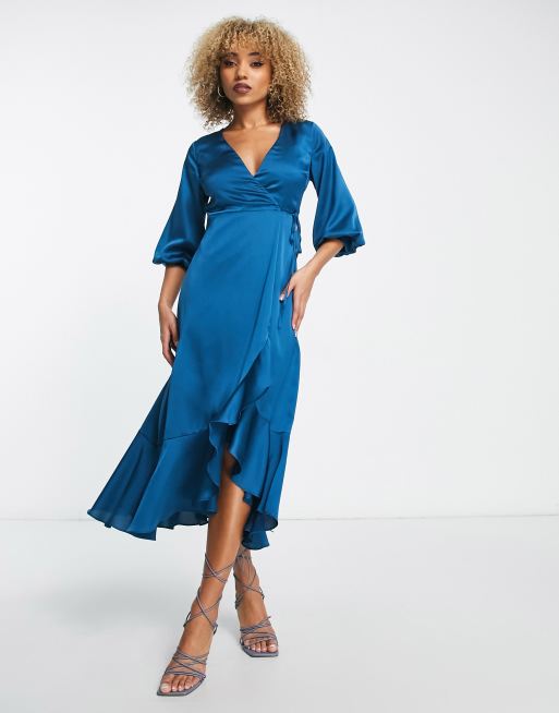 Teal satin store wrap dress