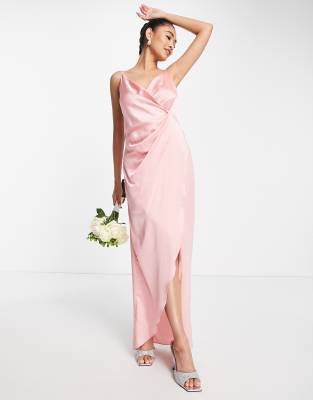 Liquorish - Bridesmaid - Wickel-Maxikleid aus Satin in sanftem Rosépink mit Camisole-Trägern-Rosa