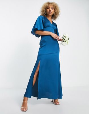 Liquorish Bridesmaids satin maxi dress with flutter sleeve and split in teal blue