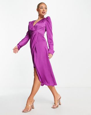 Shop Liquorish Bridesmaids Satin Midi Wrap Top Dress With Wrap Skirt In Deep Fuchsia-pink