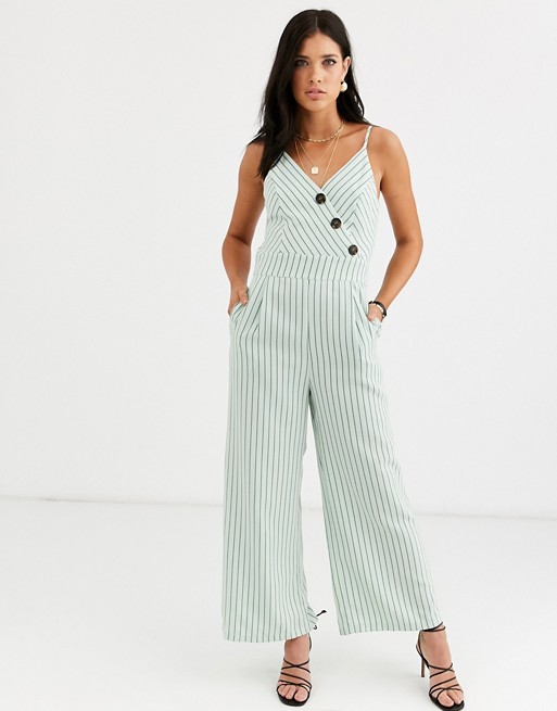 Liquorish cami jumpsuit with button detail in green stripe