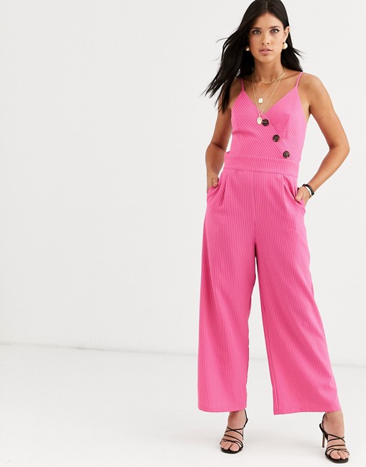 Liquorish cami jumpsuit with button detail in pink stripe