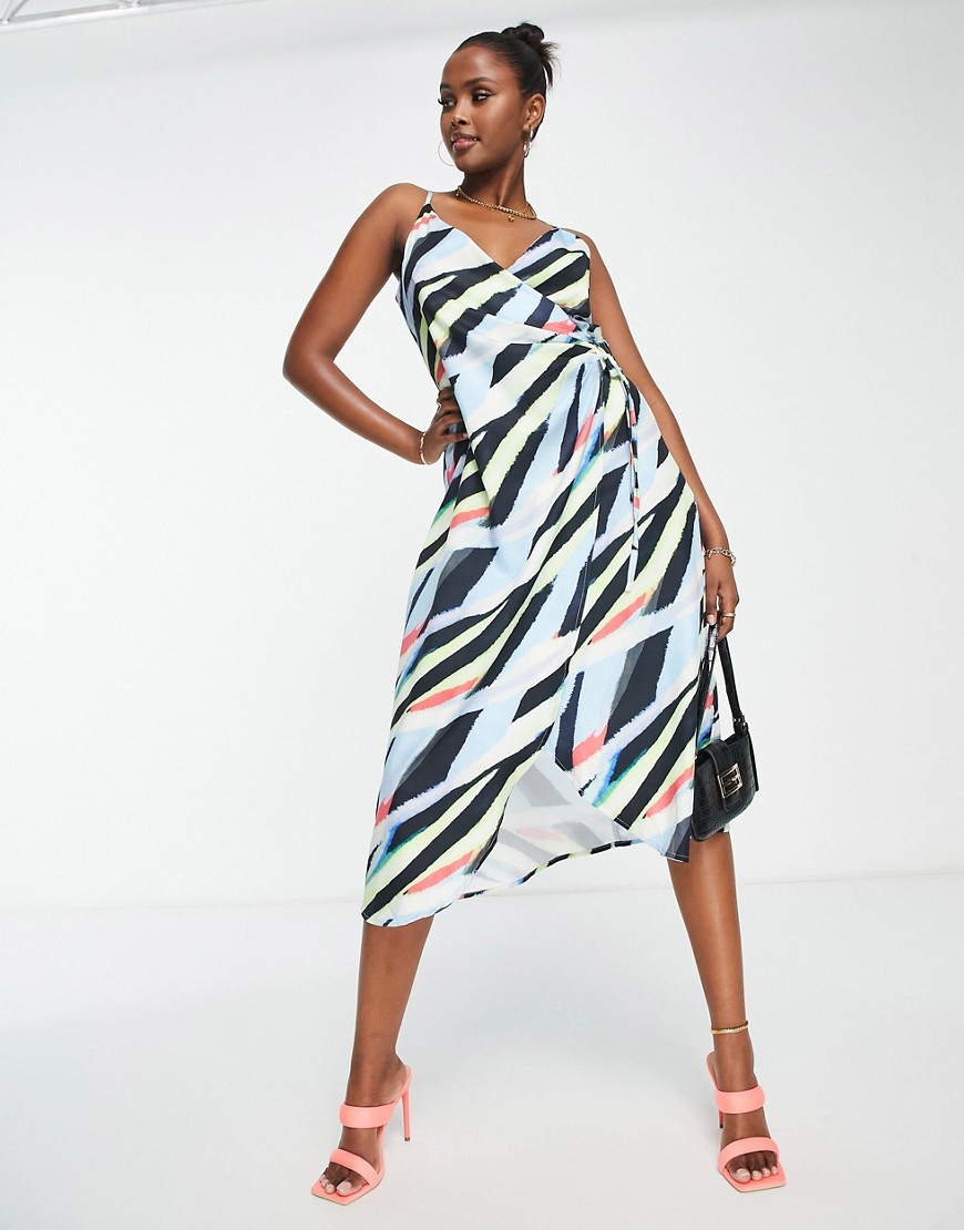 Liquorish cami midi wrap dress in abstract print-Multi