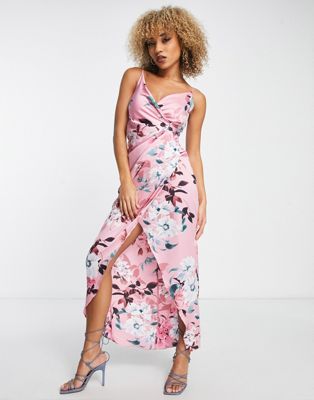 Liquorish cami strap satin wrap maxi dress in dusky pink floral - ASOS Price Checker