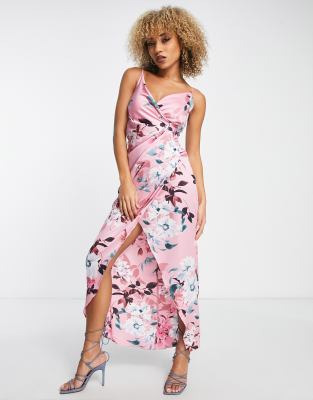 Liquorish Cami Strap Satin Wrap Maxi Dress In Dusky Pink Floral