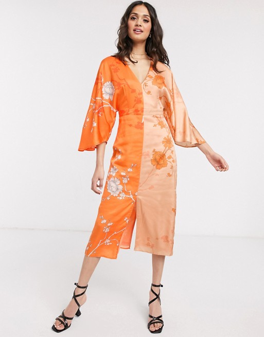 Liquorish contrast kimono midi dress with split in orange floral