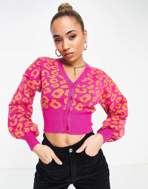 Liquorish crop cardigan in pink and orange leopard print | ASOS