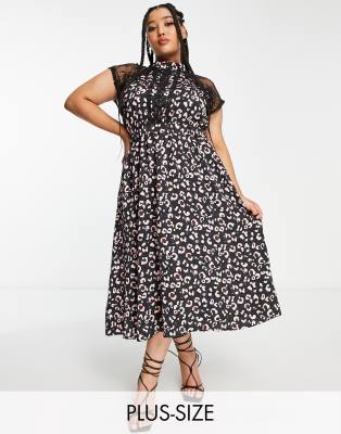 Liquorish Plus Liquorish Curve A-line Lace Detail Midi Dress In Black Leopard Print