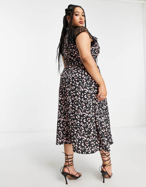 Liquorish a line lace detail midi dress in black leopard print