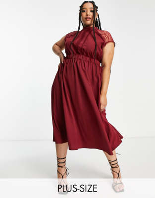 Liquorish Curve a line lace detail midi dress in burgundy-Red