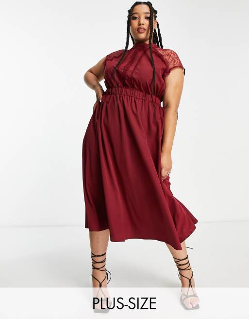 Liquorish Curve A-line lace detail midi dress in burgundy